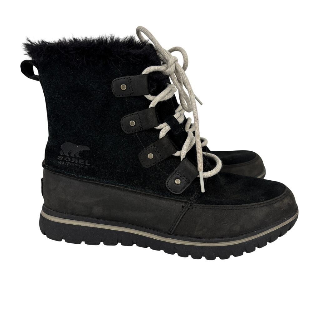 Sorel Cozy Joan Boots Size 7.5 Black Leather Nubuck Faux Fur Lace Up Waterproof - Picture 2 of 10